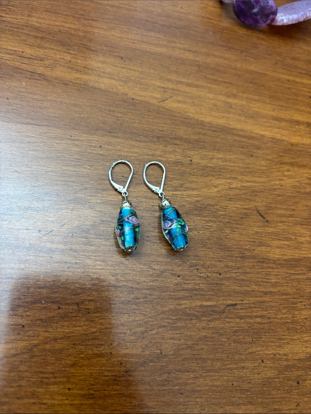 Teal Glass Drop Earrings with Floral Accent